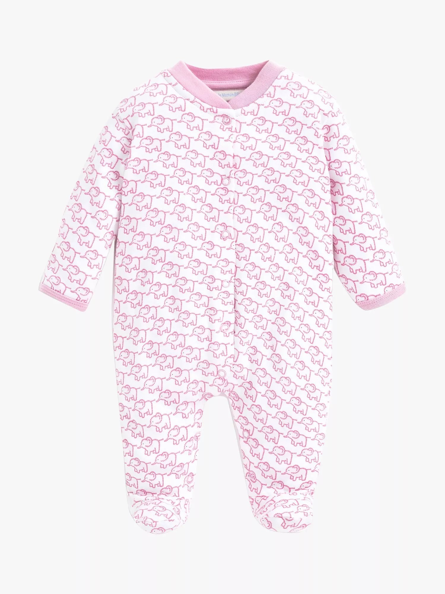 JoJo Maman Bébé Baby Elephant Print Sleepsuit, Pink - McGrocer