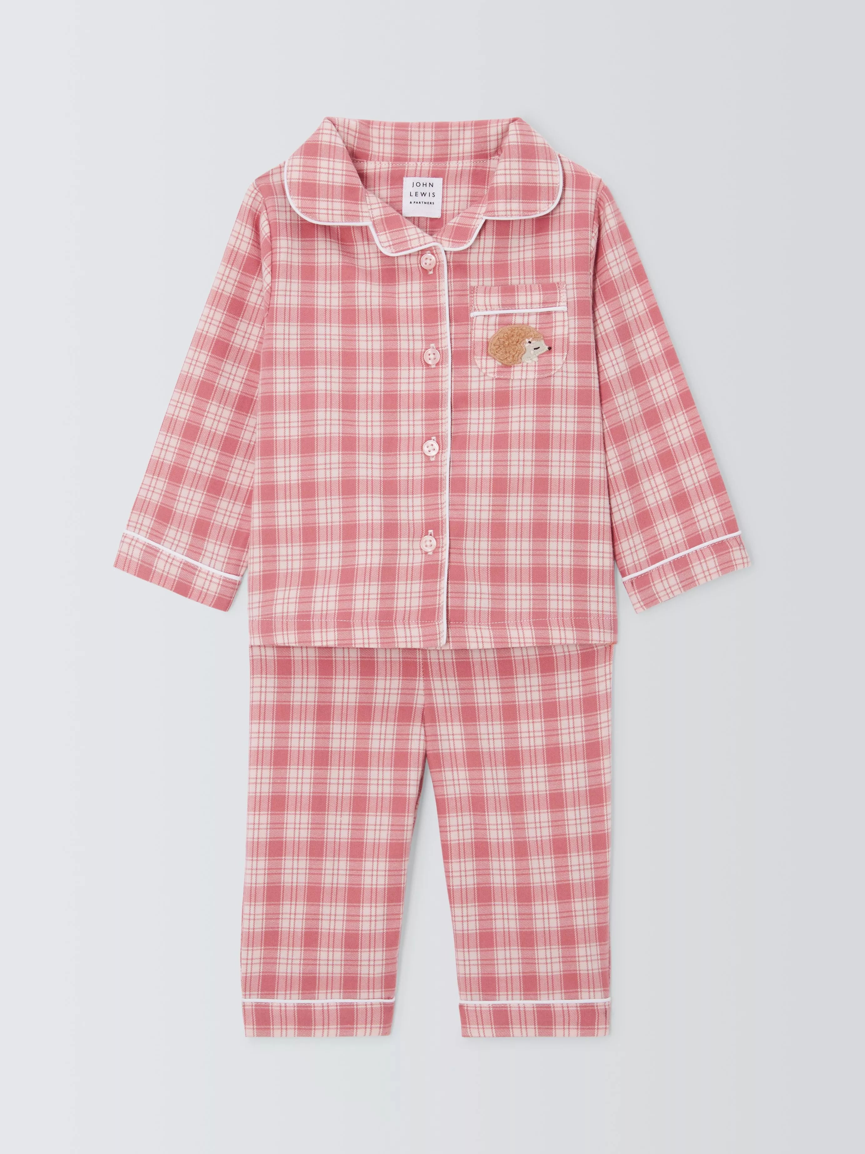John Lewis Baby Hedgehog Embroidred Check Pyjamas, Pink - McGrocer