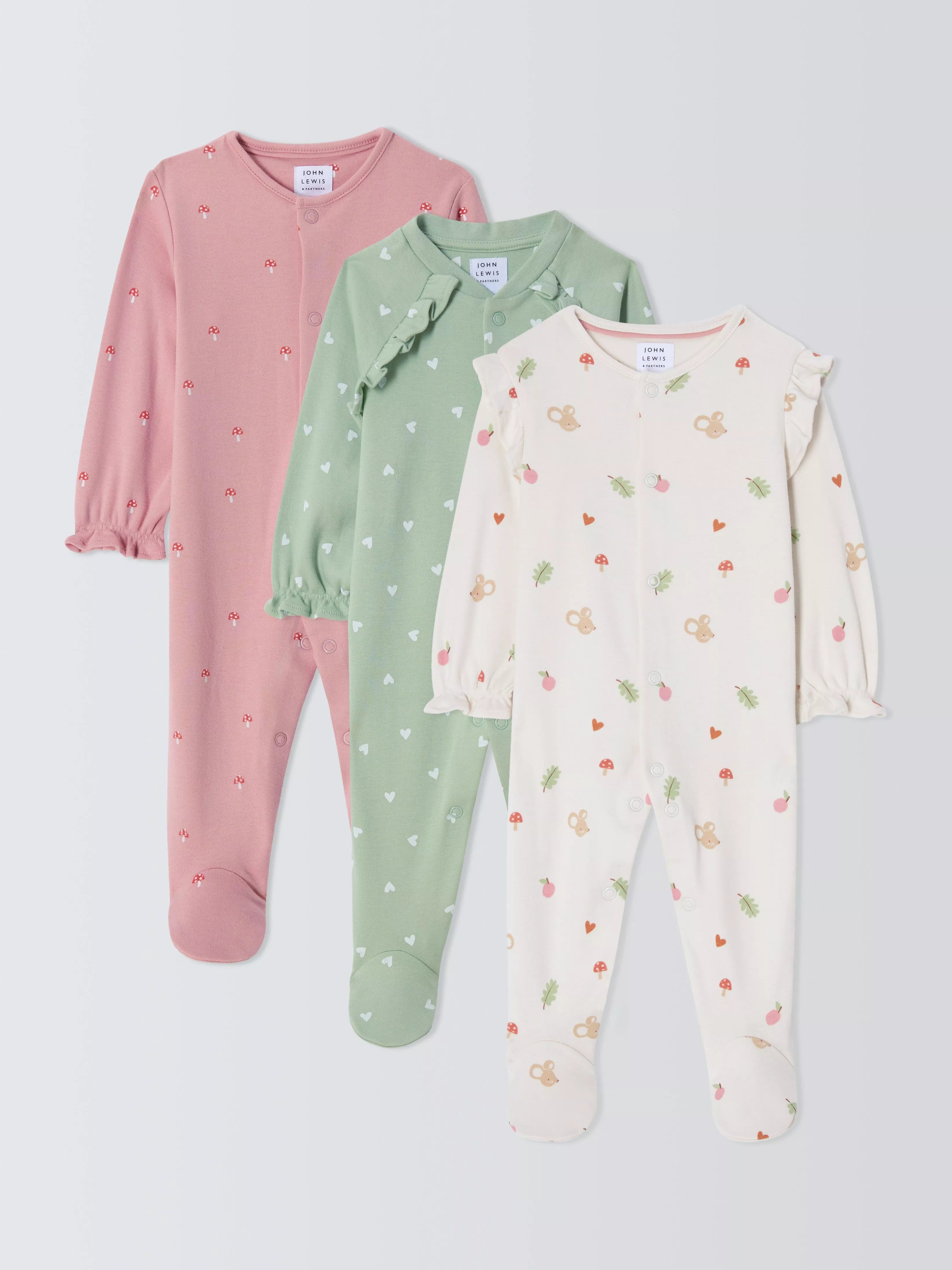 John Lewis Baby Hearts Sleepsuits, Pack of 3, Multi - McGrocer