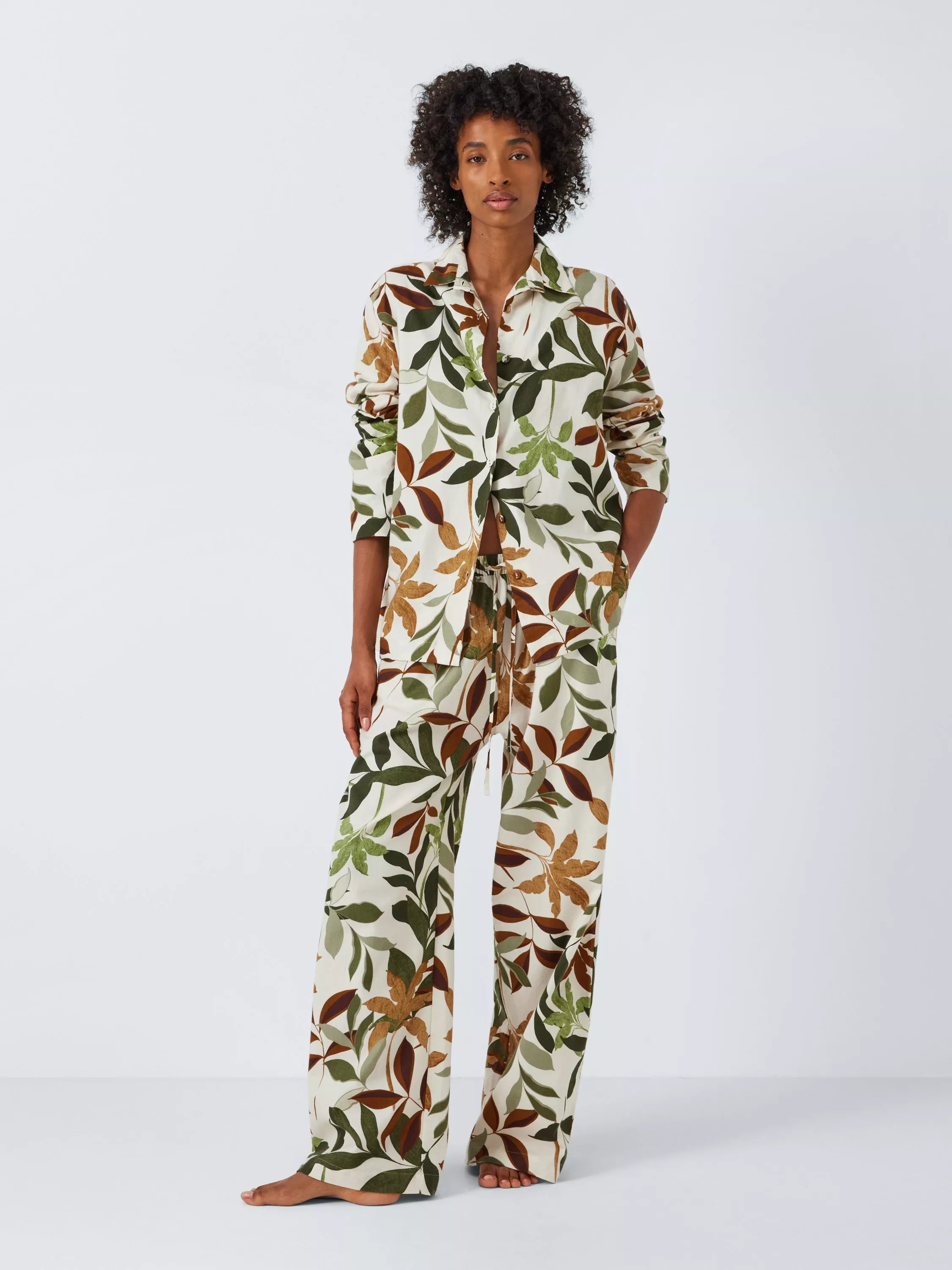 John Lewis Autumn Leaf Brushed Cotton Pyjama Set, Ivory/Toffee - McGrocer