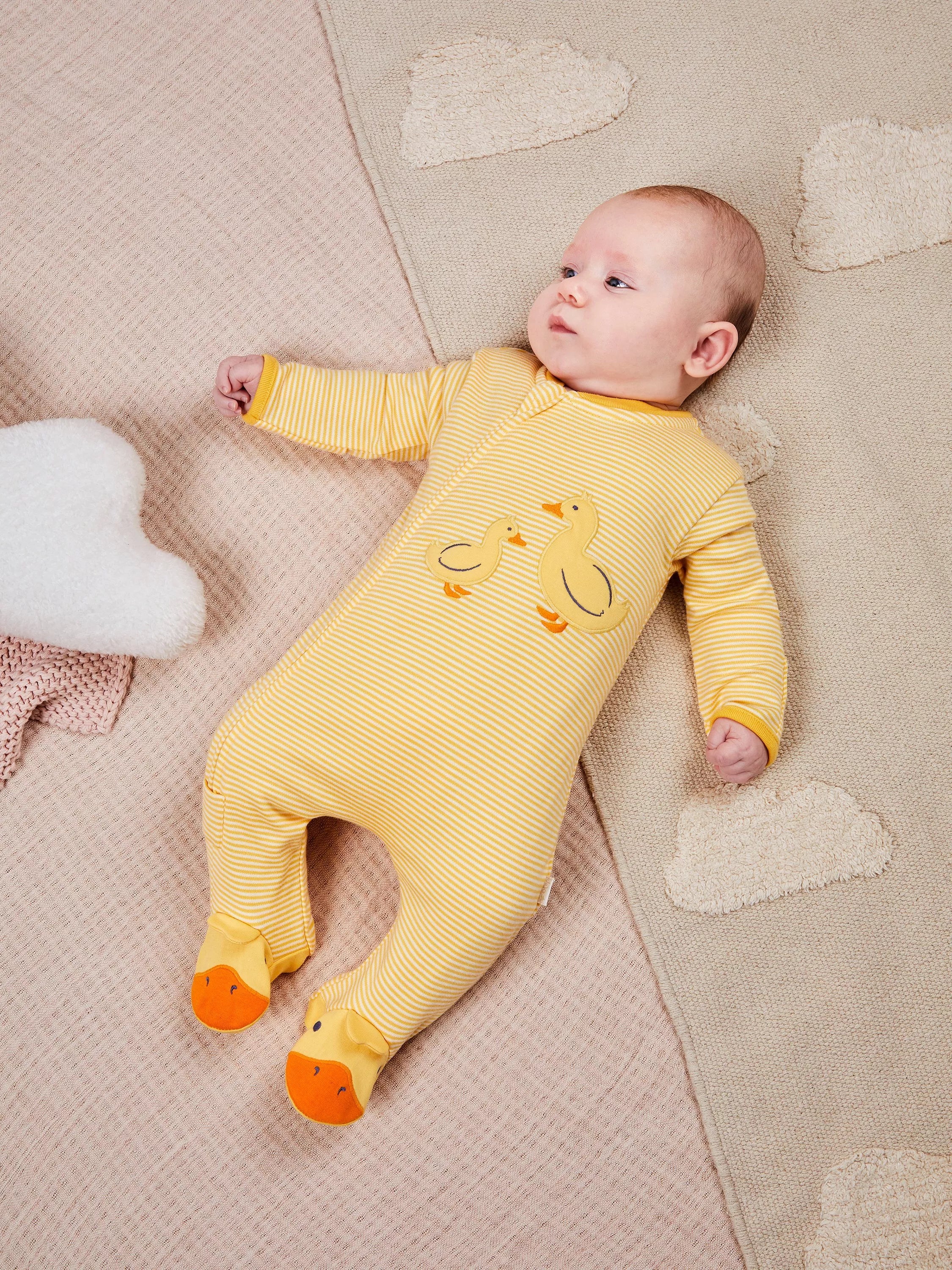 JoJo Maman Bébé Baby Duck Appliqué Zip Sleepsuit, Yellow - McGrocer