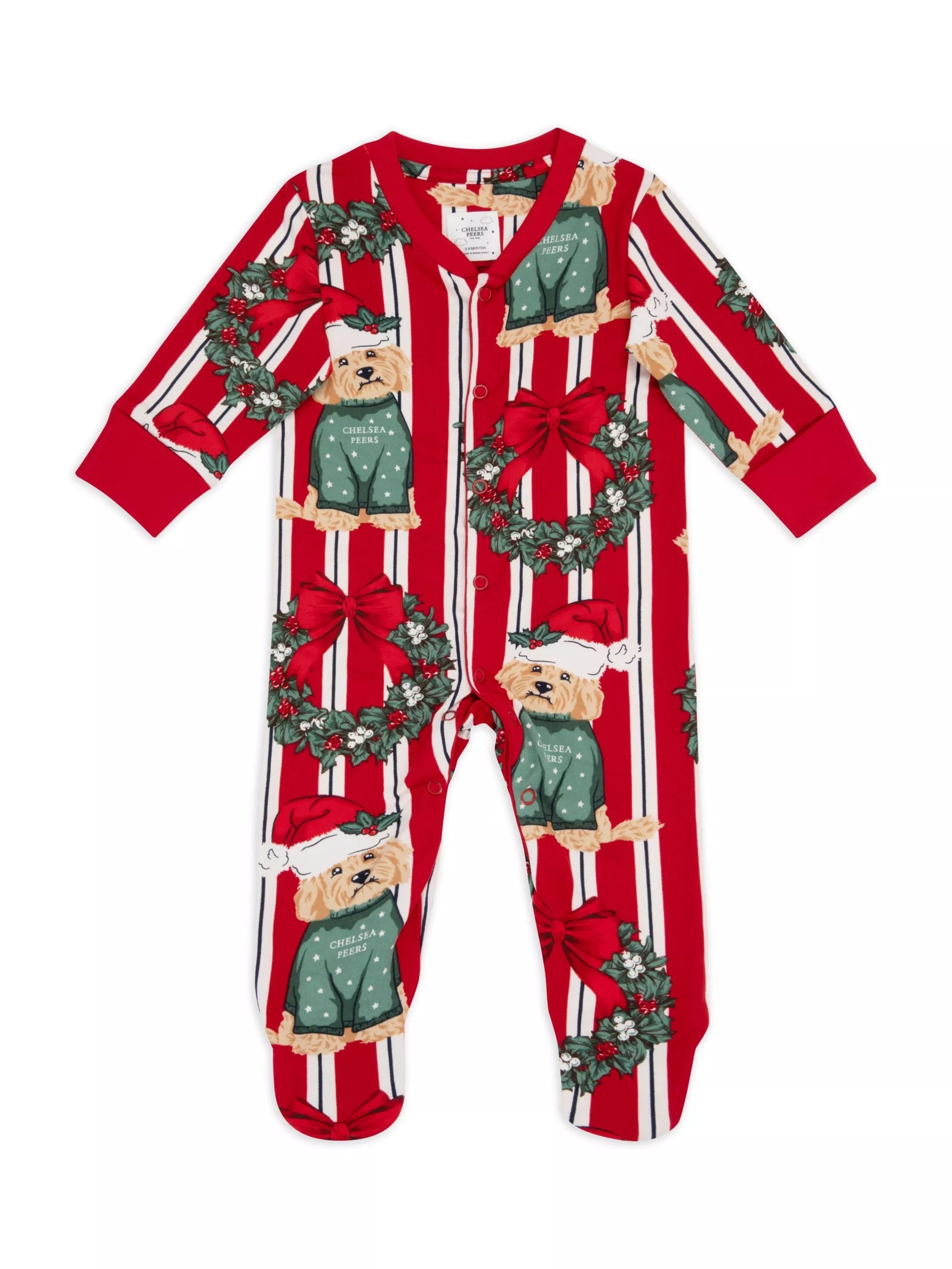 Chelsea Peers Baby Christmas Dog & Wreath Print Sleepsuit, Red/Multi - McGrocer