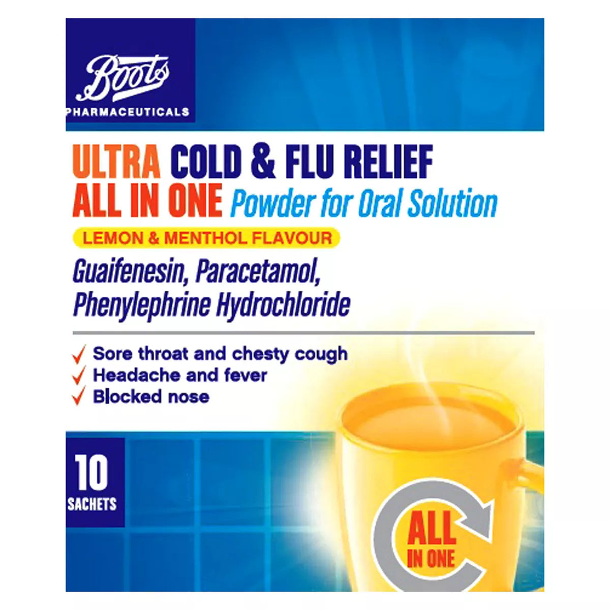 Boots Pharmaceuticals Ultra Cold & Flu Relief All in One Powder for Oral Solution - 10 Sachets - McGrocer
