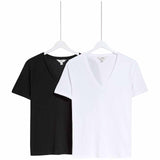 M&S Womens Pure Cotton V-neck T-Shirts, Size 10, Black/White, 2pk
