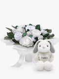 Babyblooms Luxury Baby Clothes Bouquet and Personalised Baby Bunny Soft Toy, White - McGrocer