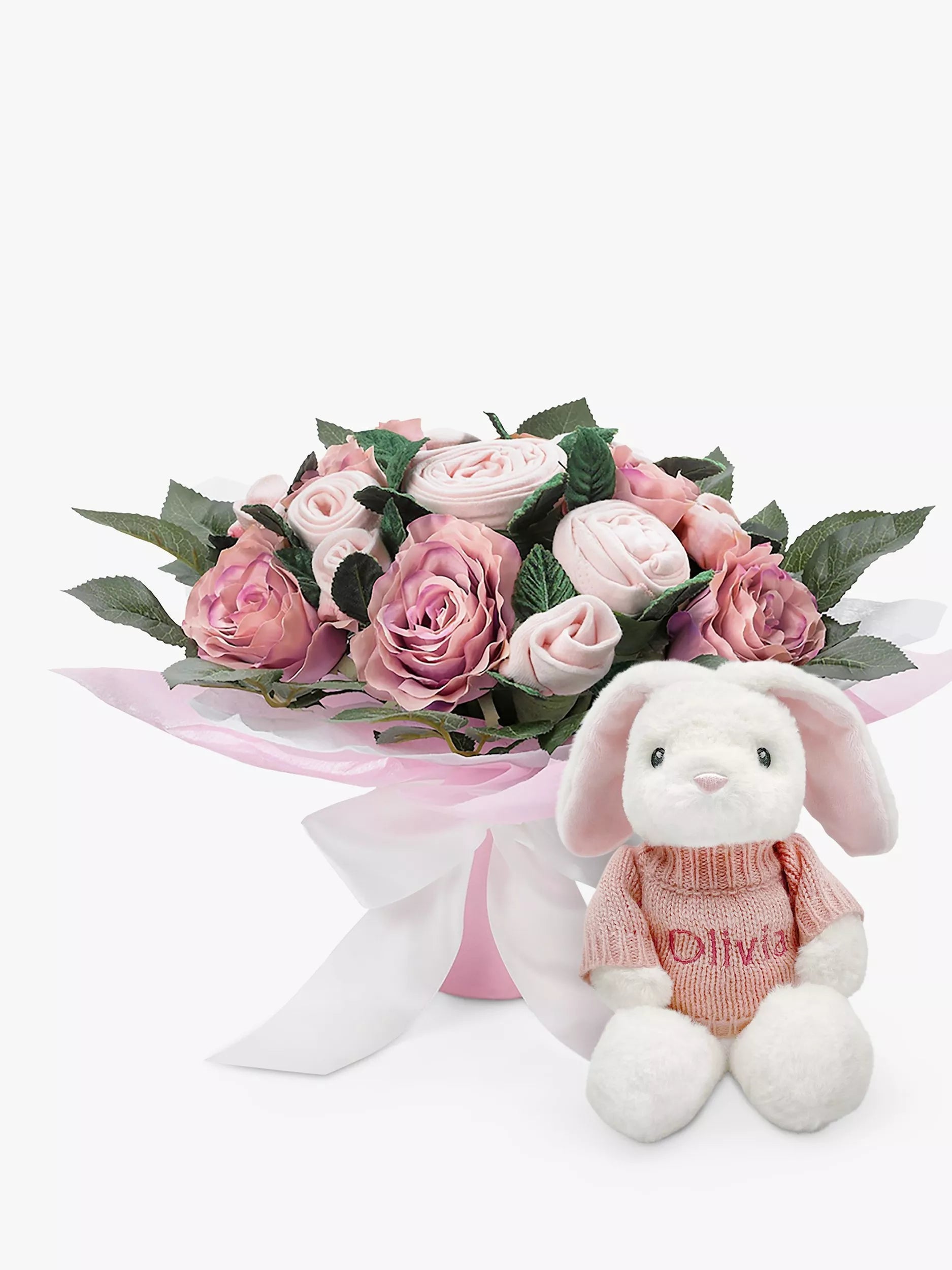 Babyblooms Luxury Baby Clothes Bouquet and Personalised Baby Bunny Soft Toy, Light Pink - McGrocer