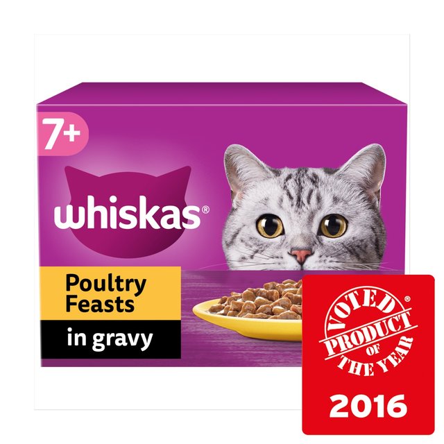 Whiskas 7+ Adult Wet Cat Food Pouches Poultry Feasts in Gravy 12 x 85g GOODS M&S