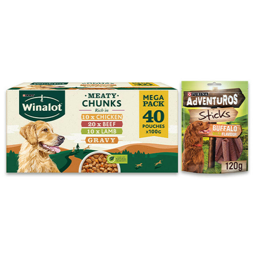 Winalot Dog Food Pouches Mixed in Gravy 40 Pack & Adventuros Buffalo Sticks Treats GOODS ASDA