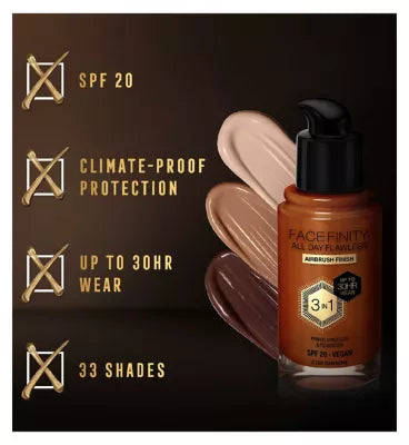 Max Factor Facefinity All Day Flawless 3 in 1 SPF 20 Vegan Foundation 30ml - McGrocer