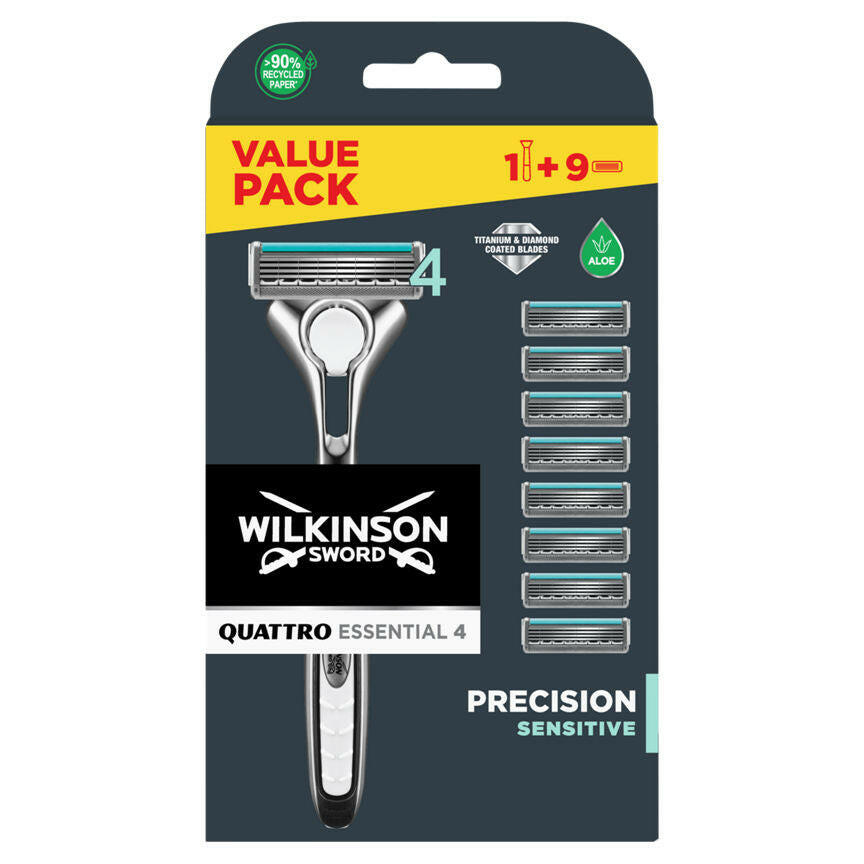 Wilkinson Sword Quattro Titanium Sensitive Men's Razor with 9 Blades GOODS ASDA
