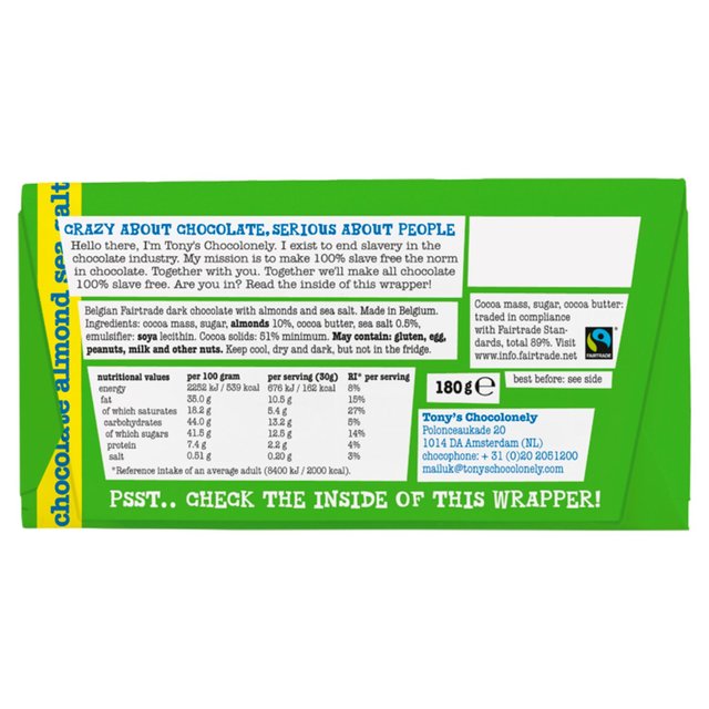 Tony's Chocolonely Dark Chocolate 51% Almond Sea Salt 180g GOODS M&S