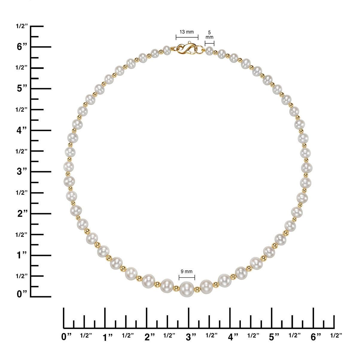 5-9mm Cultured Freshwater Pearl and Gold Bead Graduated Necklace, 14ct Yellow Gold - McGrocer