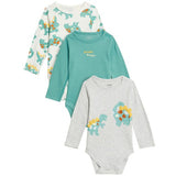 MS Unisex 3pk Pure Cotton Dinosaur Bodysuits 0-3 Months Green Mix