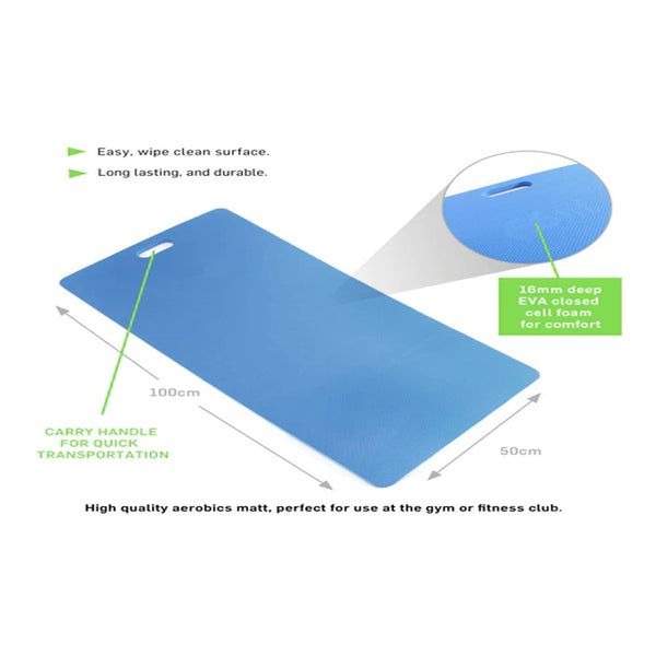 66fit Deluxe Aerobic Mat - Blue - 100cm x 50cm x 16mm - McGrocer