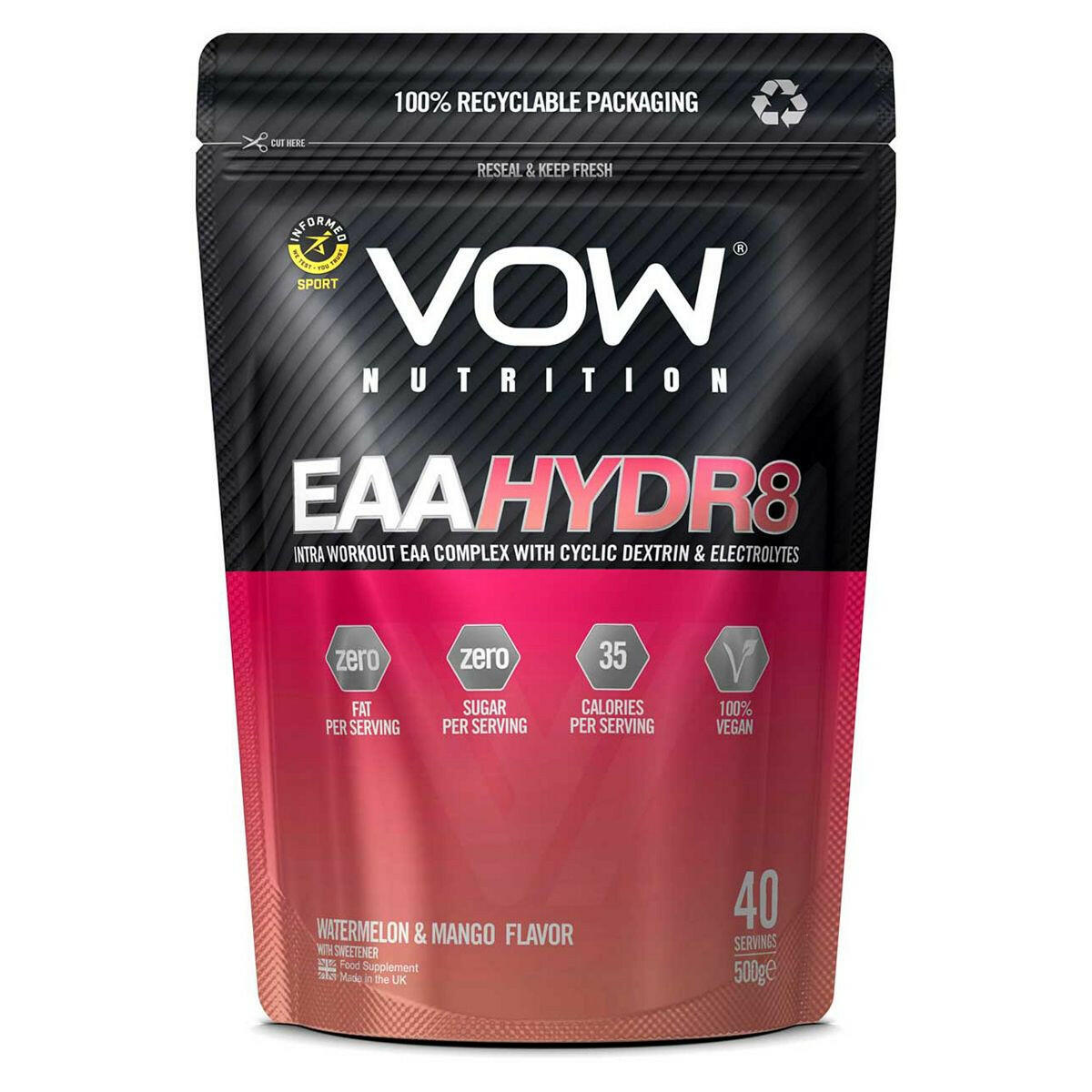 VOW Nutrition EAA Hydr8 Watermelon & Mango 500g Amino Acids Supplements Boots