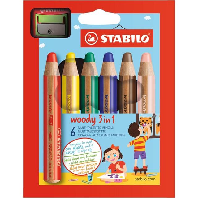 STABILO woody 3 in 1 colouring pencils wallet of 6 colours + sharpener 6 per pack GOODS M&S