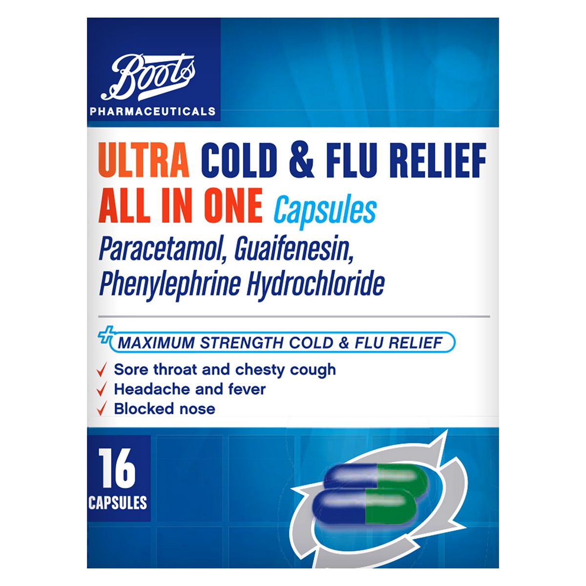 Boots Pharmaceuticals Ultra Cold and Flu Relief All In One 16 Capsules - McGrocer