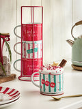 Set of 4 Red Santa Stacking Mugs with Wire Stand