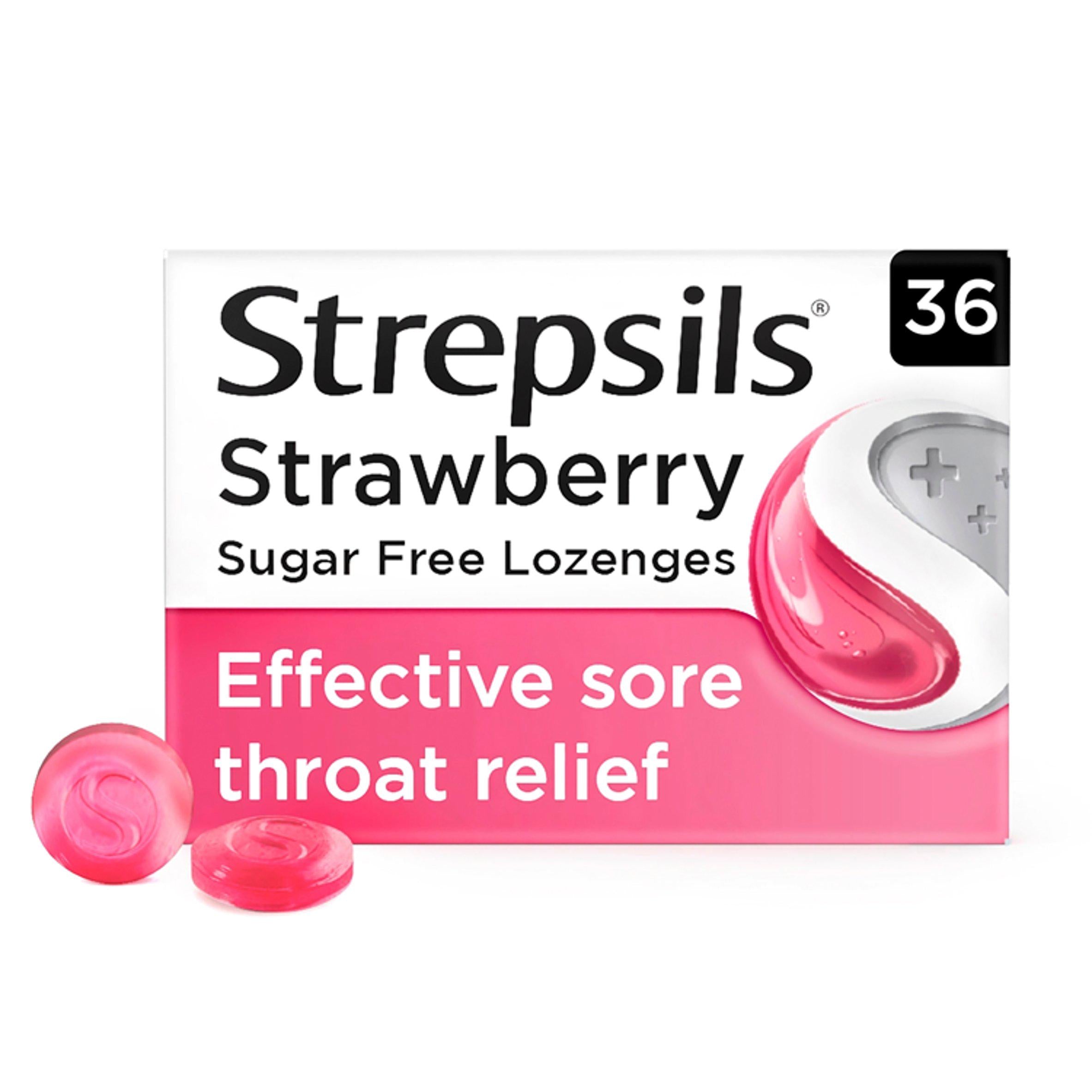 Strepsils Strawberry Sugar Free Sore Throat Cough Lozenges x36 cough cold & flu Sainsburys