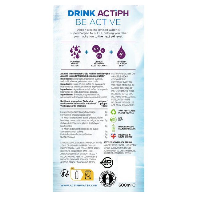 ACTIPH Alkaline Ionised Water   6 x 600ml - McGrocer