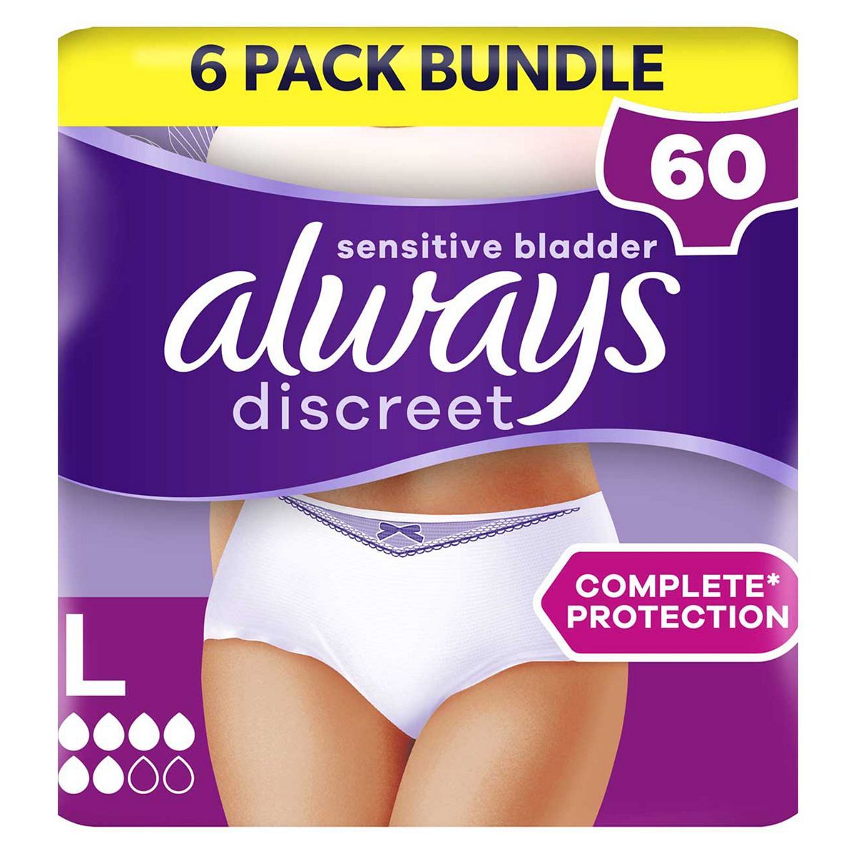 Always Discreet for Sensitive Bladder Pants (5 Drop) Large - 60 Pants (6 pack bundle) - McGrocer