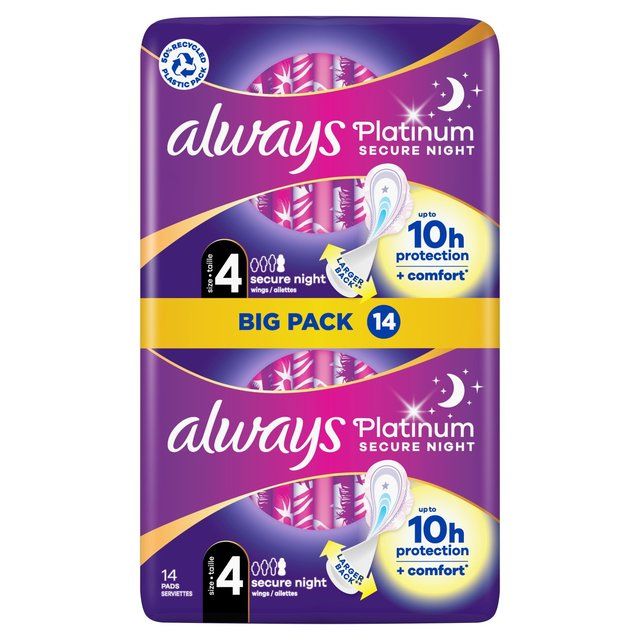 Always Platinum Secure Night Sanitary Towels Wings Size 4   14 per pack - McGrocer