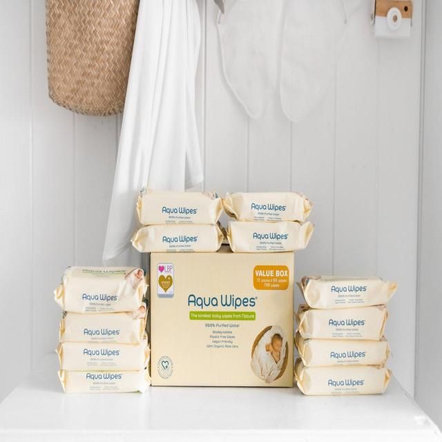Aqua Wipes 100% Biodegradable Baby Wipes Jumbo Pack   12 x 64 per pack - McGrocer