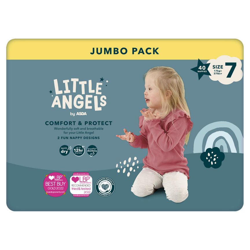 ASDA Little Angels Comfort & Protect Size 7 17kg+ Jumbo Pack 40 Nappies - McGrocer