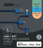 ASDA Tech 3in1 Cable - Blue 1.8m - McGrocer