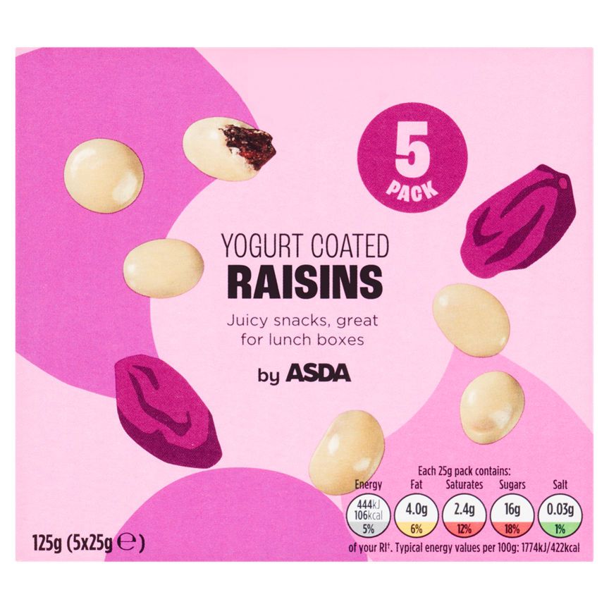 ASDA Yogurt Coated Raisin Snack Bags 5 x 25g (125g) - McGrocer