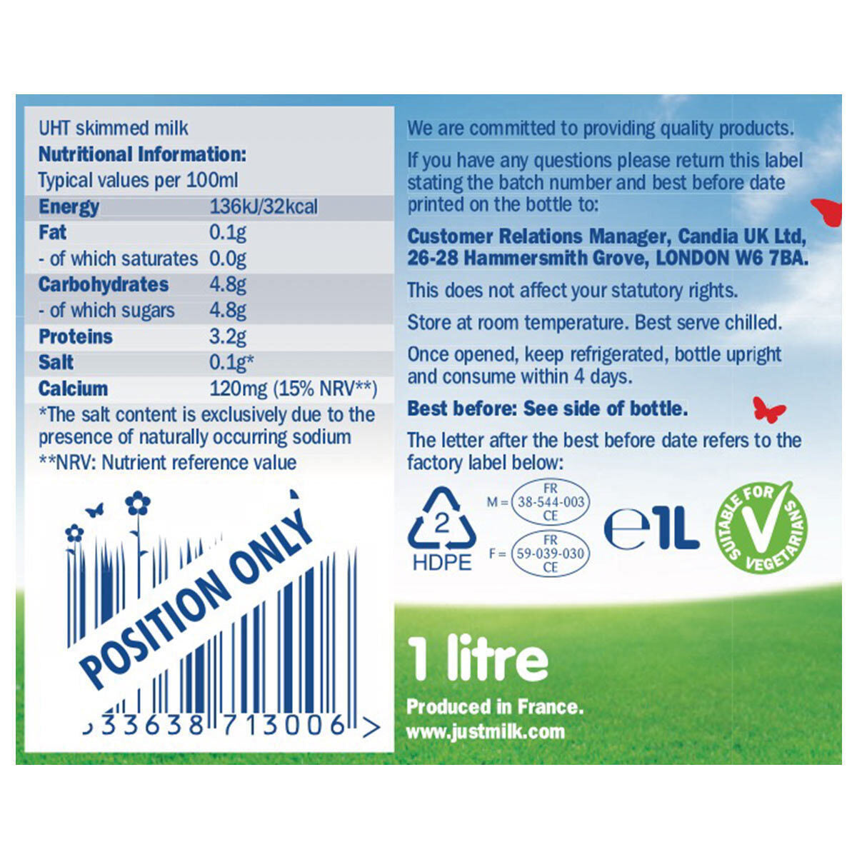 Candia Just Milk UHT Skimmed Milk, 6 x 1L - McGrocer