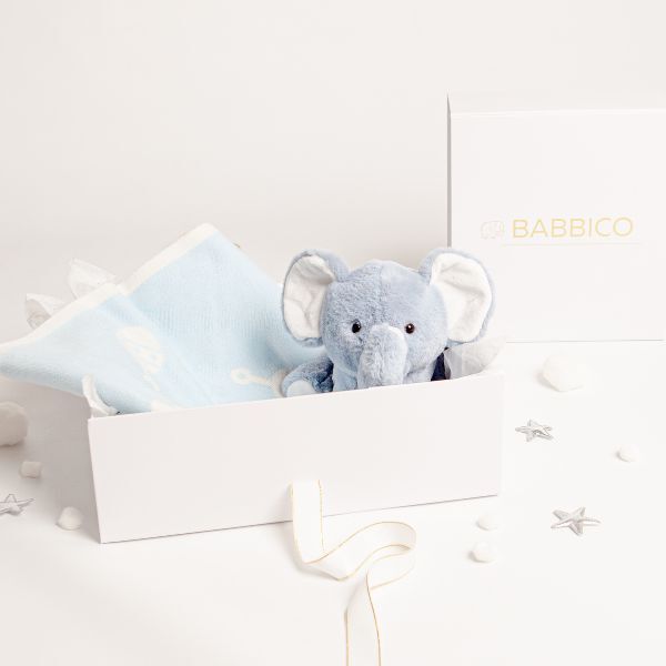 Babbico Blue Elephant Toy And Rattle Blanket Baby Gift Set - McGrocer