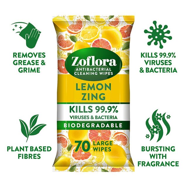 Zoflora Lemon Zing Antibacterial Multi-surface Wipes 70 per pack - McGrocer