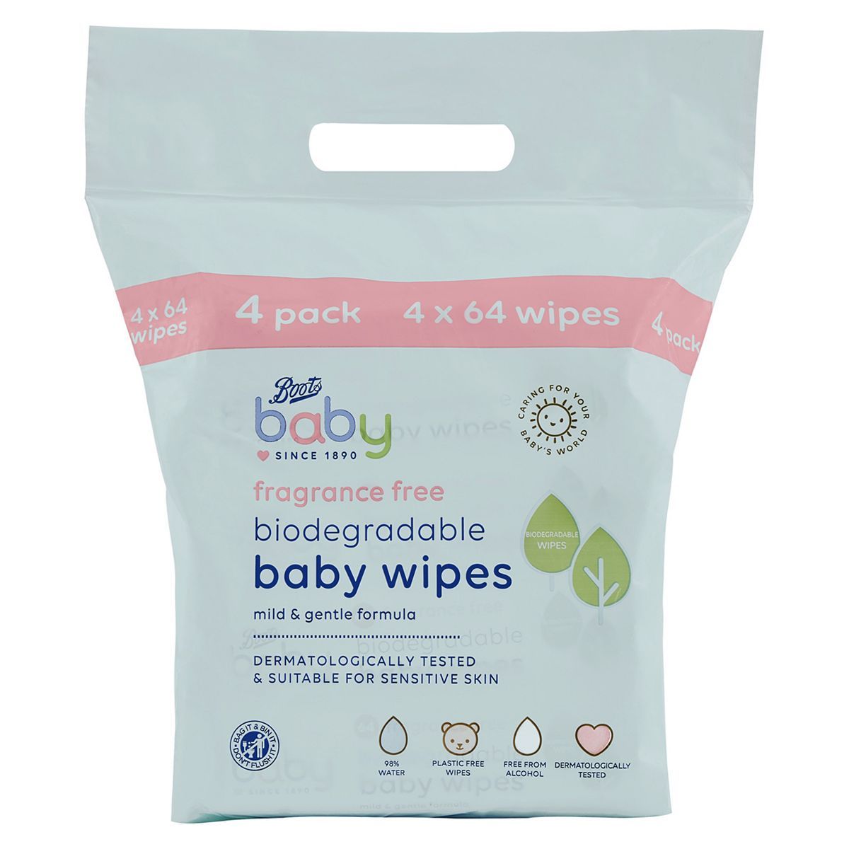 Boots Baby Biodegradable Fragrance Free soft baby wipes, 64x4 pack = 256 wipes - McGrocer