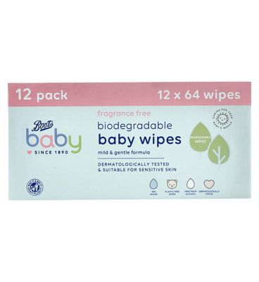 Boots Baby Fragrance Free Biodegradable soft baby wipes, 64x12 pack = 768 wipes - McGrocer