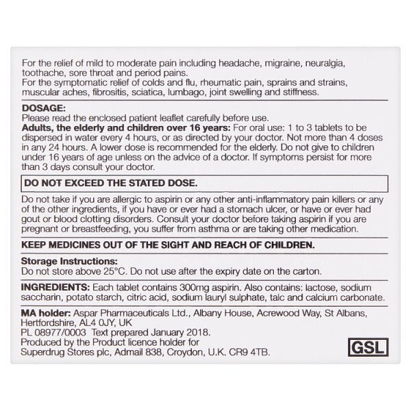 Superdrug Aspirin Dispersable 16 Tablets 300mg GOODS Superdrug