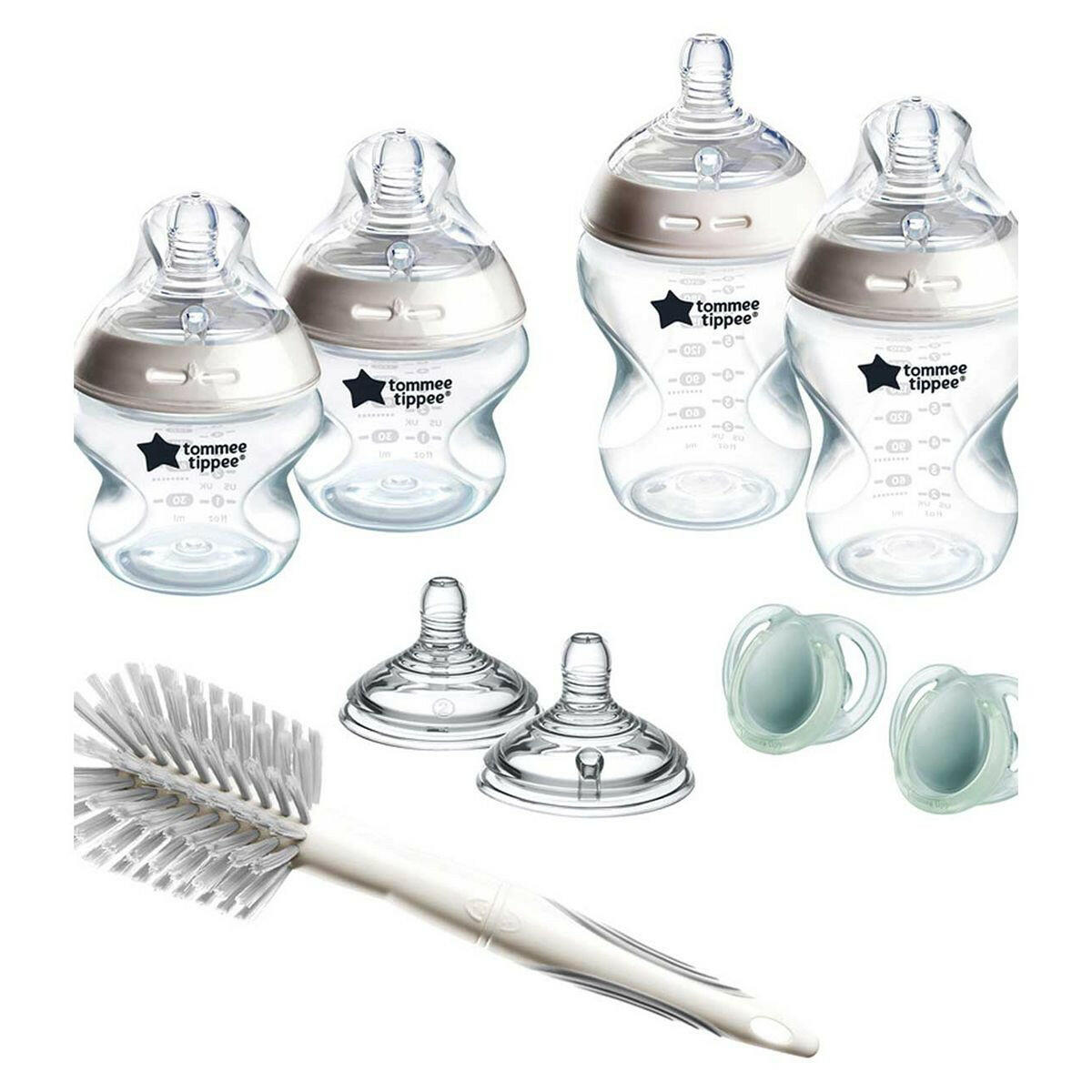 Tommee Tippee Natural Start Newborn Starter Set, 2 Anti-Colic Baby Bottles, Medium-Flow, Breast-Like Teats, Self-Sterilising Baby Accessories & Cleaning Boots