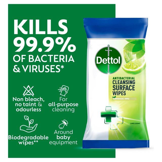 Dettol Antibacterial Biodegradable Lime Multi Surface Cleansing Wipes 72 per pack