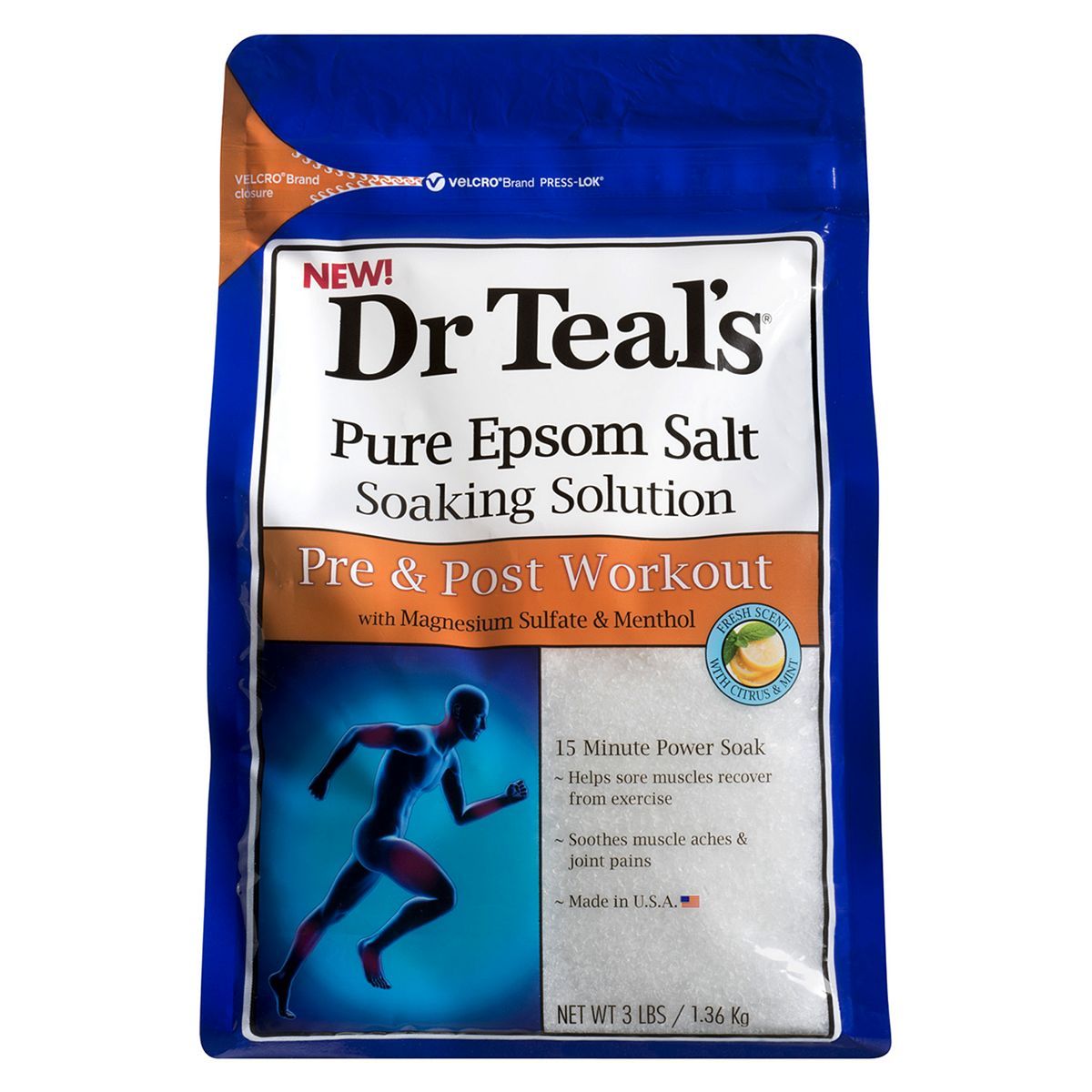 Dr Teal's Pure Epsom Salt Soaking Solution Pre & Post Workout with Magnesium Sulfate & Menthol 1.36kg