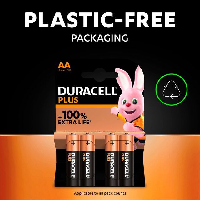 Duracell Plus 100% AA Alkaline Batteries 4 per pack