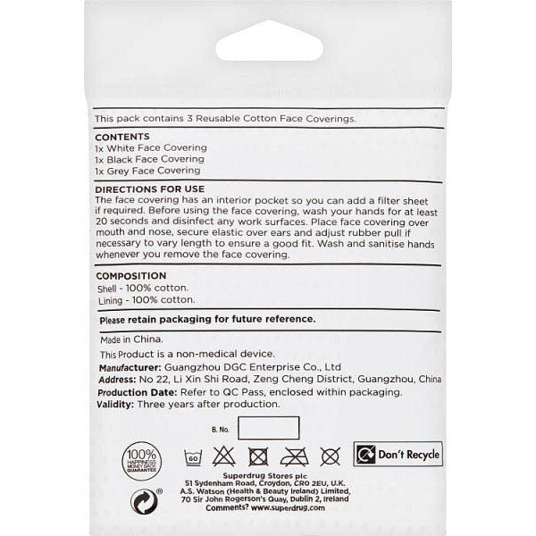 Superdrug 3 Reusable Cotton Face Coverings Black/White/Grey GOODS Superdrug