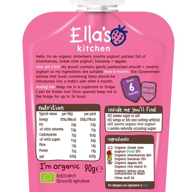 Ella's Kitchen Strawberry Greek Style Yoghurt Baby Food Pouch 6+ Months 90g