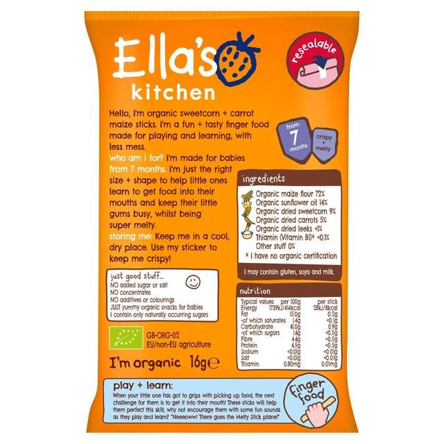 Ella's Kitchen Sweetcorn & Carrot Melty Sticks Baby Snack 7+ Months 16g