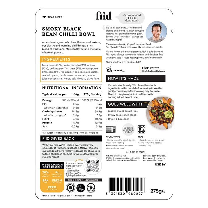 fiid Smoky Black Bean Chilli Bowl 275g Tomato & Lentil Ragu Bowl