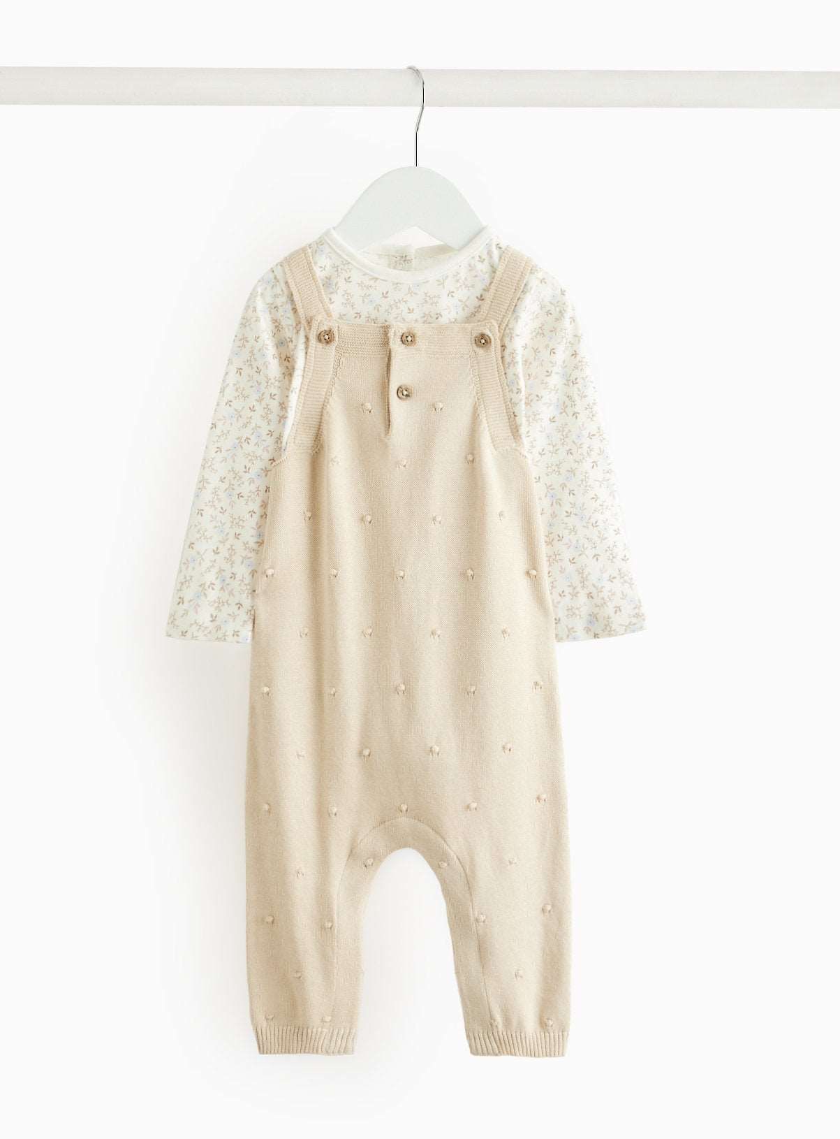 Floral Print Bodysuit & Cream Knitted Dungarees Set 9-12 months