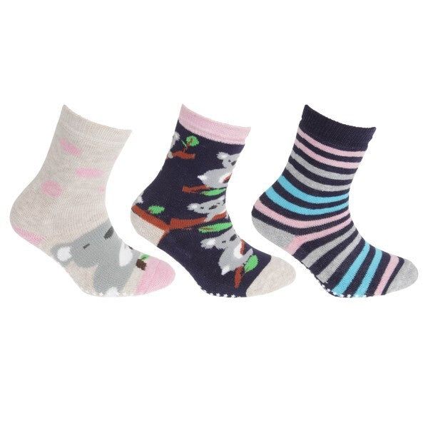 FLOSO rens Girls Cotton Rich Gripper Socks (3 Pairs) (9-12) Navy/Beige/Pink