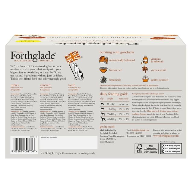 Forthglade Complete Adult Multicase (Turkey Lamb & Chicken) Wet Dog Food 12 x 395g