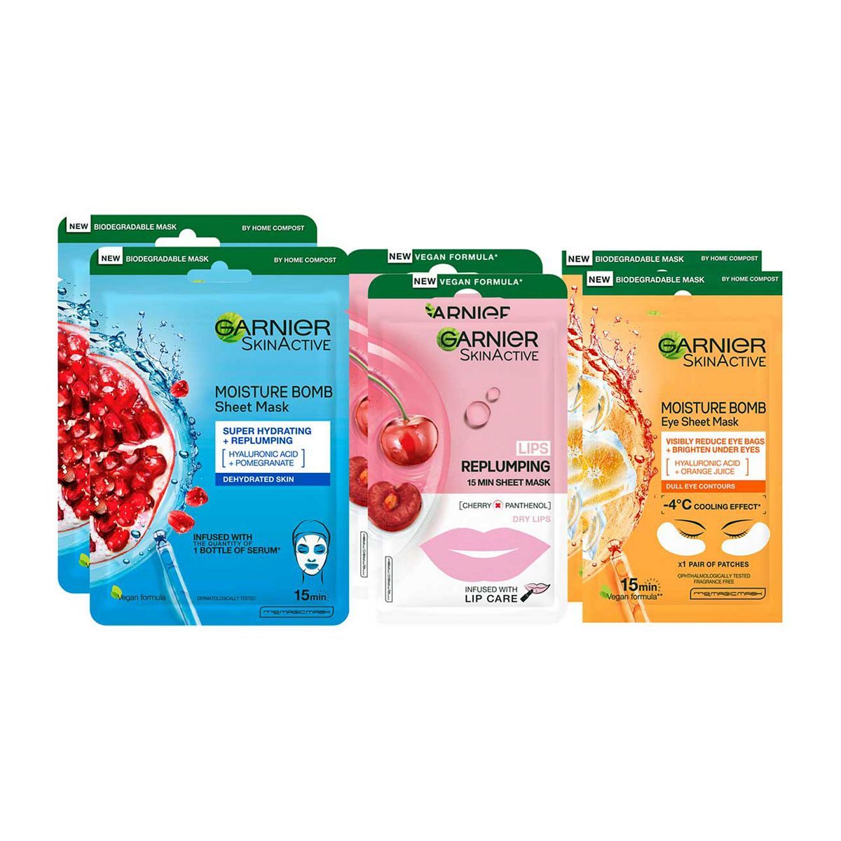 Garnier Ultimate Sheet Mask Face Collection, Lip-Face-Eye Masks Set of 6