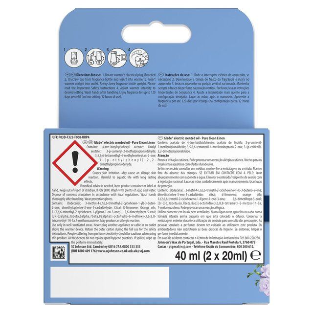 Glade Plug In Twin Refill Electric Scented Oil Clean Linen 2 x 20ml