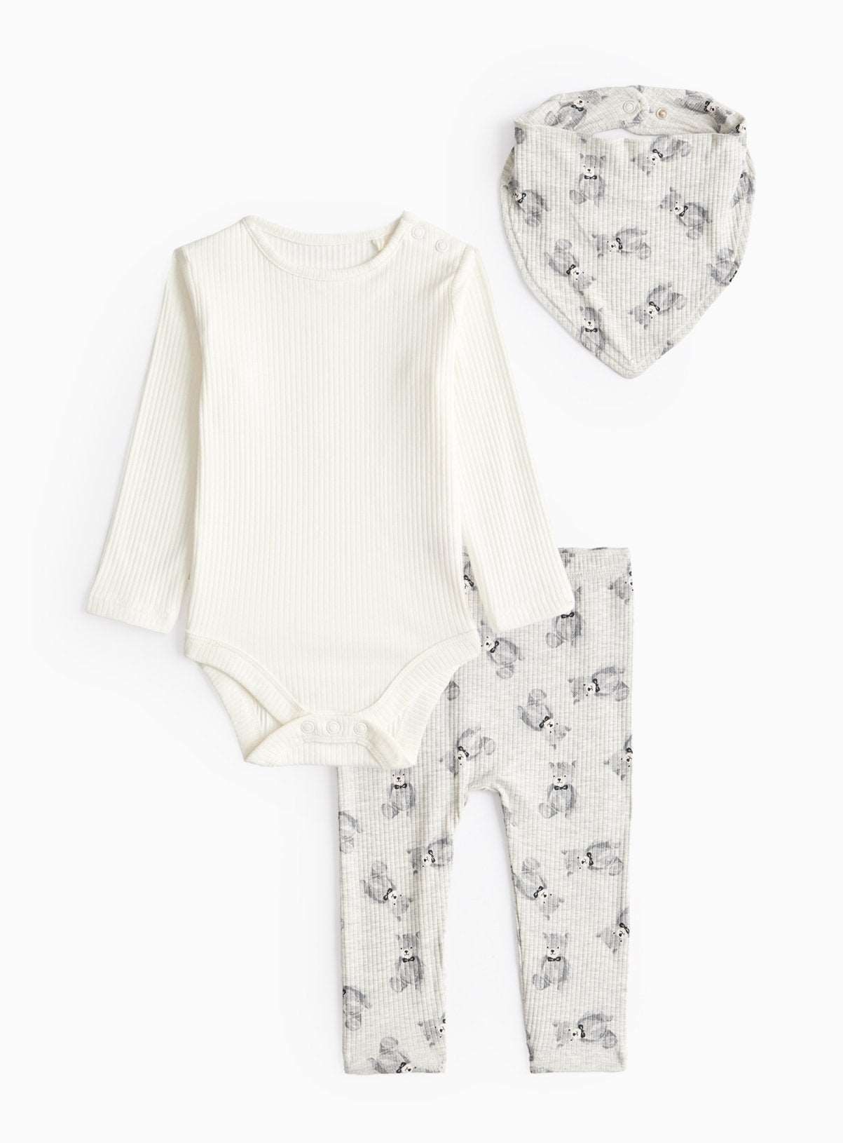 Grey Teddy Bear Print Bib, Bodysuit & Leggings Set 6-9 months